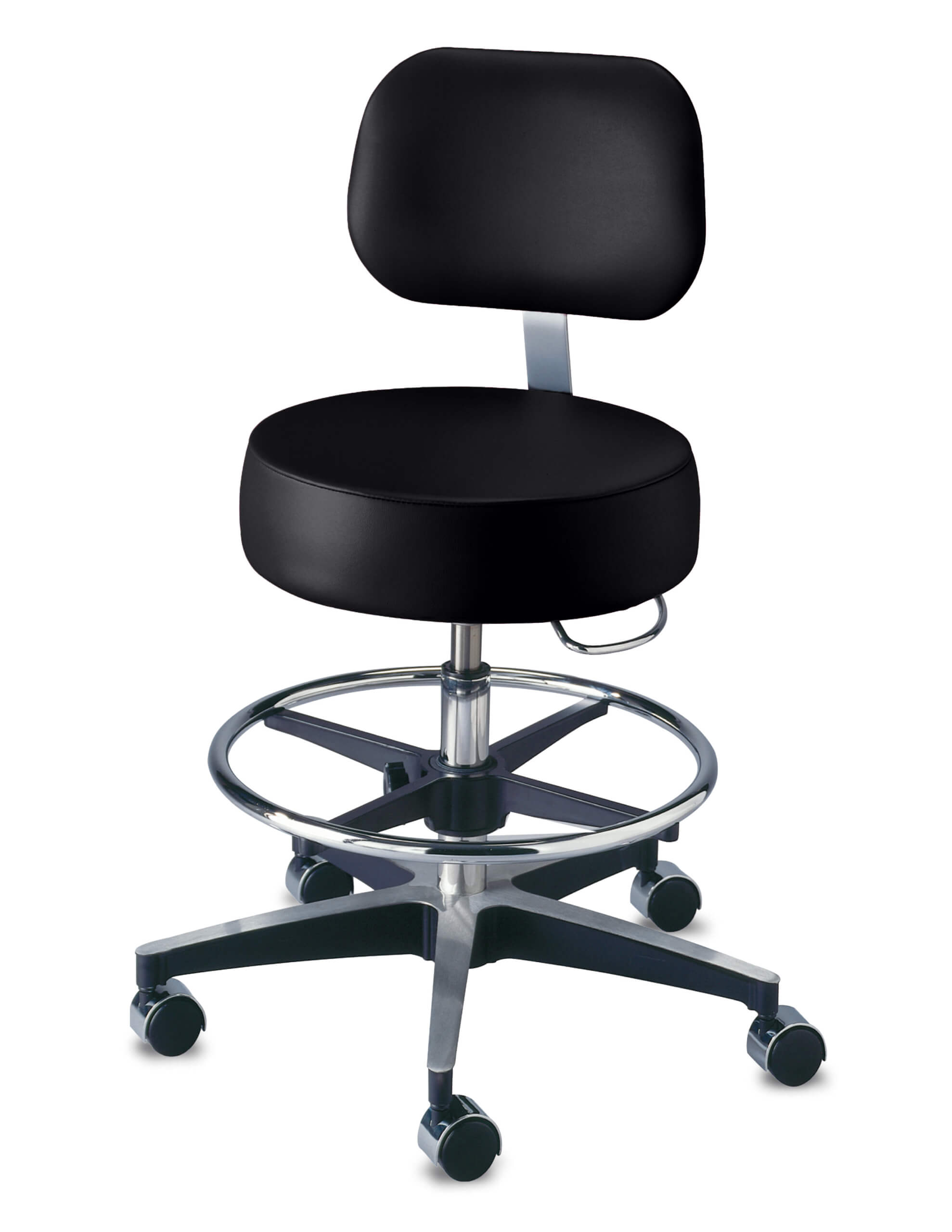11001BFR-D Century medical stool w/back PR40 in Black Satin with Footring